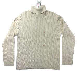 Woman's Anne Klein Sport Cable-Knit Cream Luxury Ribbed Turtleneck Pullover 2XL